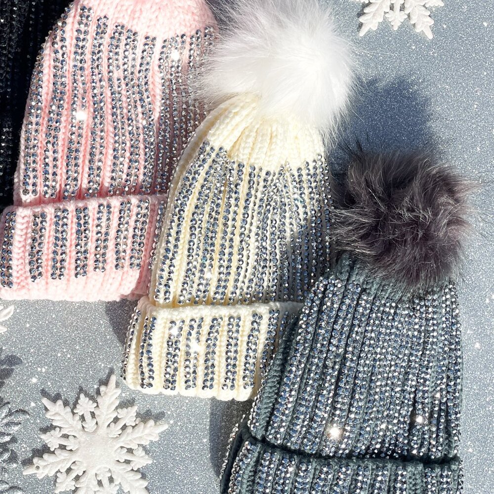 Silver Rhinestone Faux Fur Pom Pom Winter Ski Beanie